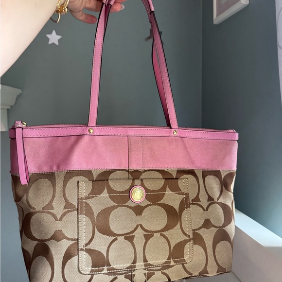 Coach Pink and Brown Signature Tote Bag - Picture 1 of 7